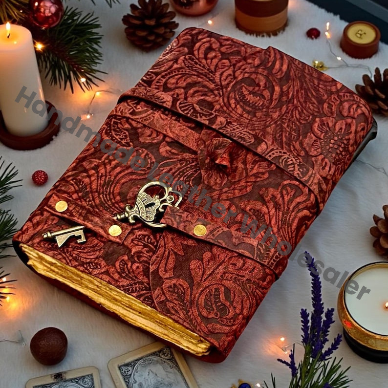 Garden Flower Leather Journal Handmade Green Grimoire, Vintage Deckle Edge Book of Shadows, Wiccan Spellbook & Witchcraft Diary, Witchy Gift