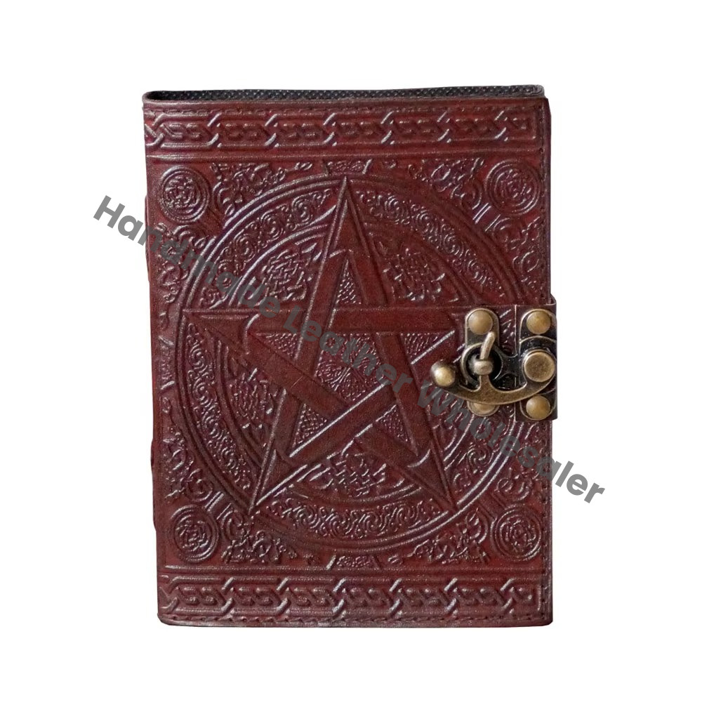 Genuine Handmade Black Pentagram Design Embossed Notebook & Sketchbook Leather Journal Book of Shadows White Paper Diary