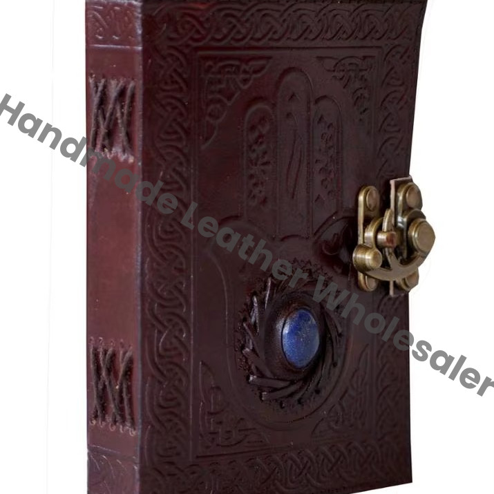 Genuine Leather Handmade Embossed New Design Hamsa Hand Stone Hardcover Water Color Journal Notebook Sketchbook Eco-friendly