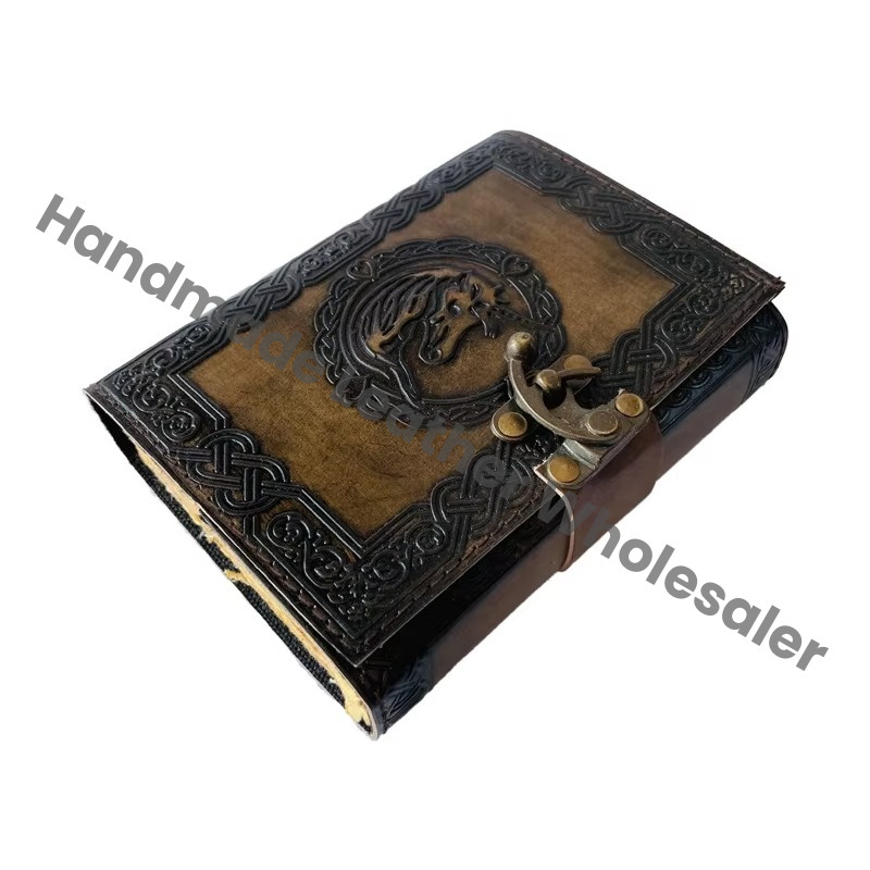Genuine Leather Vintage Handmade Lock Closure Deckle Edge papers Antique Unicorn Notebook Journal Wiccan Planner Travel Diary