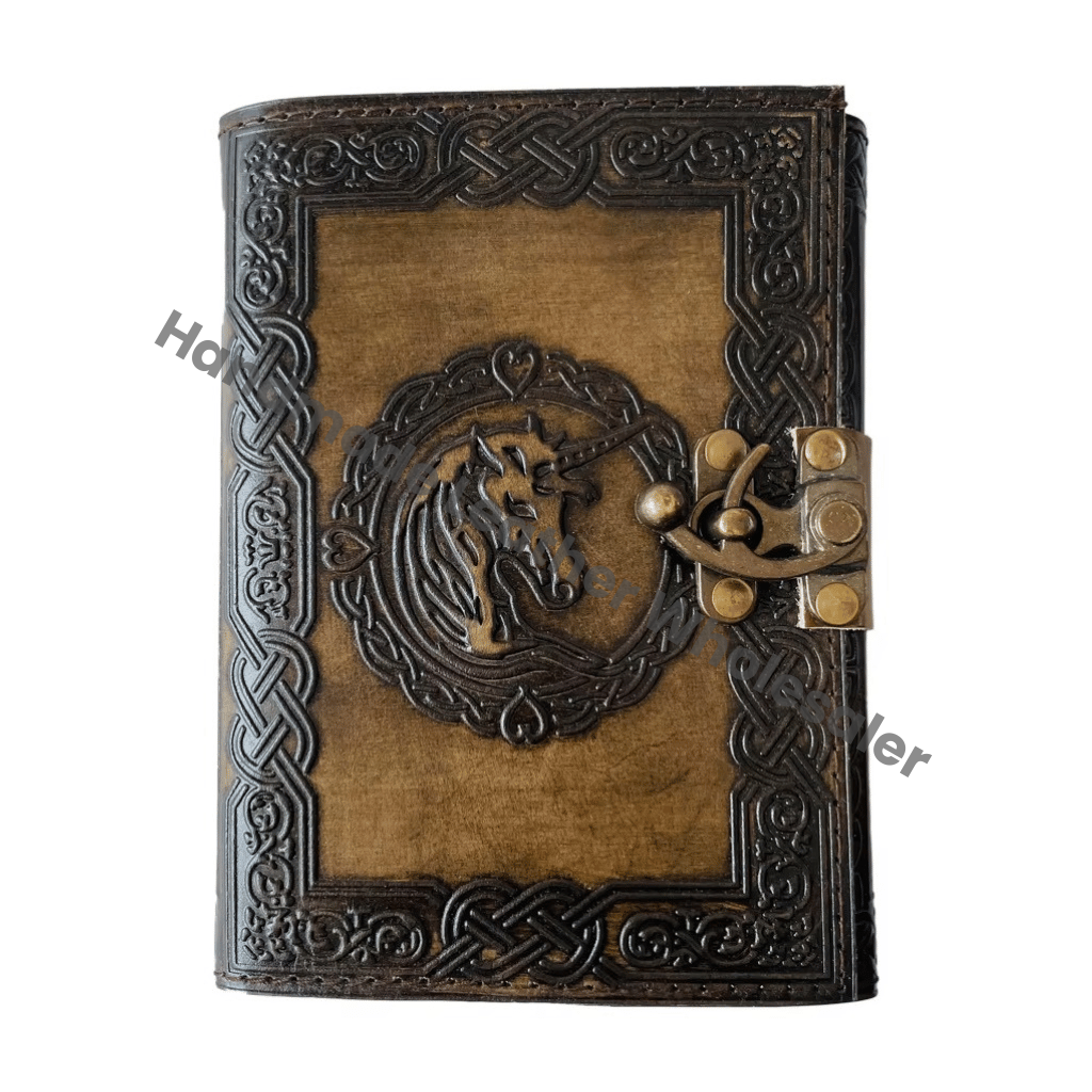 Genuine Leather Vintage Handmade Lock Closure Deckle Edge papers Antique Unicorn Notebook Journal Wiccan Planner Travel Diary