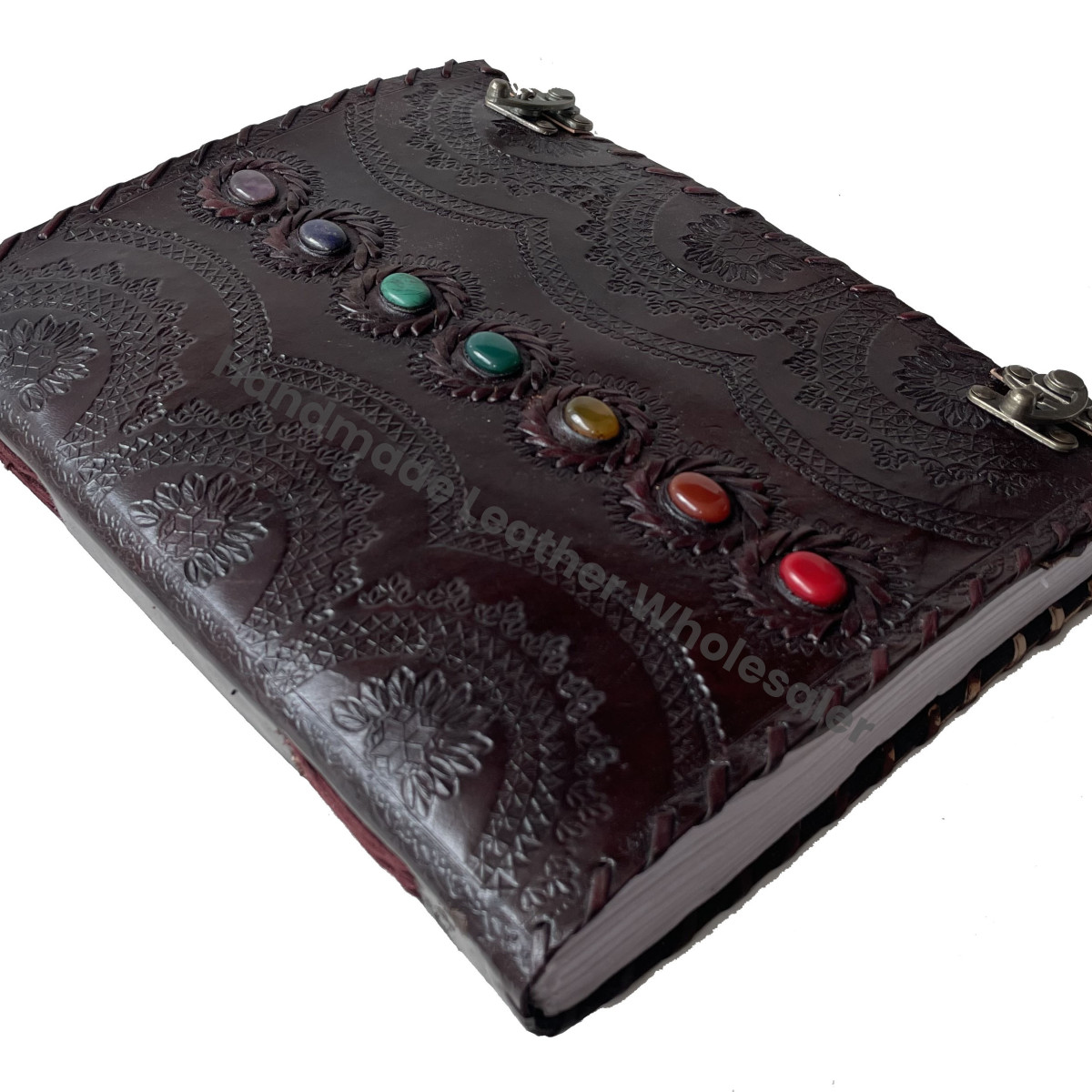 Gift Brown Leather Journal Seven Chakra Medieval Stone Embossed Handmade Thermal Binding Office Diary Collage Sketchbook