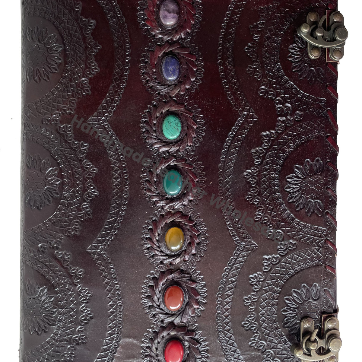 Gift Brown Leather Journal Seven Chakra Medieval Stone Embossed Handmade Thermal Binding Office Diary Collage Sketchbook