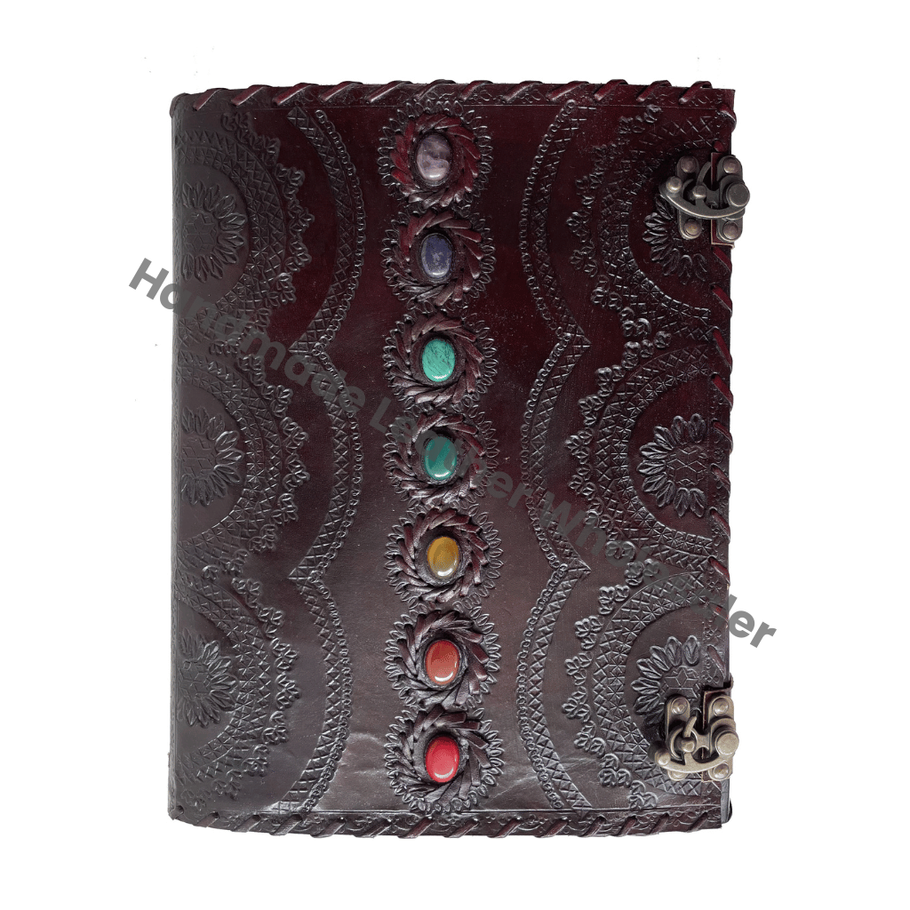 Gift Brown Leather Journal Seven Chakra Medieval Stone Embossed Handmade Thermal Binding Office Diary Collage Sketchbook