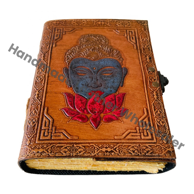 Goddess Buddha Celtic Embossed Leather Hardcover Journal Thermal Binding Custom Logo Genuine Deckle Paper Antique Colorful Gift