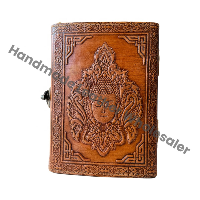 Goddess Buddha Celtic Embossed Leather Hardcover Journal Thermal Binding Custom Logo Genuine Deckle Paper Antique Colorful Gift