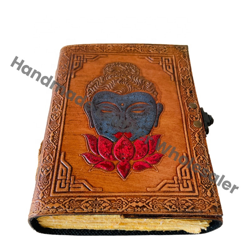 Goddess Buddha Celtic Embossed Leather Hardcover Journal Thermal Binding Custom Logo Genuine Deckle Paper Antique Colorful Gift