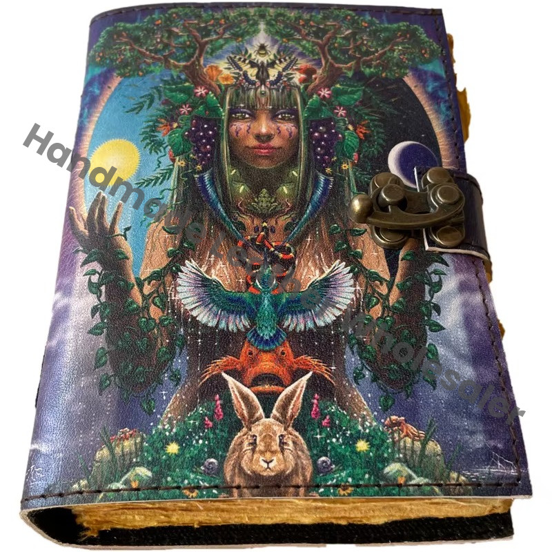 Goddess Forest Women Handmade Hard Leather Cover Eco-friendly Paper Retro Collage Poster Design Vintage Journal Gift