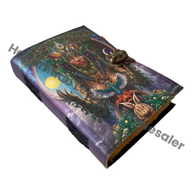 Goddess Forest Women Handmade Hard Leather Cover Eco-friendly Paper Retro Collage Poster Design Vintage Journal Gift