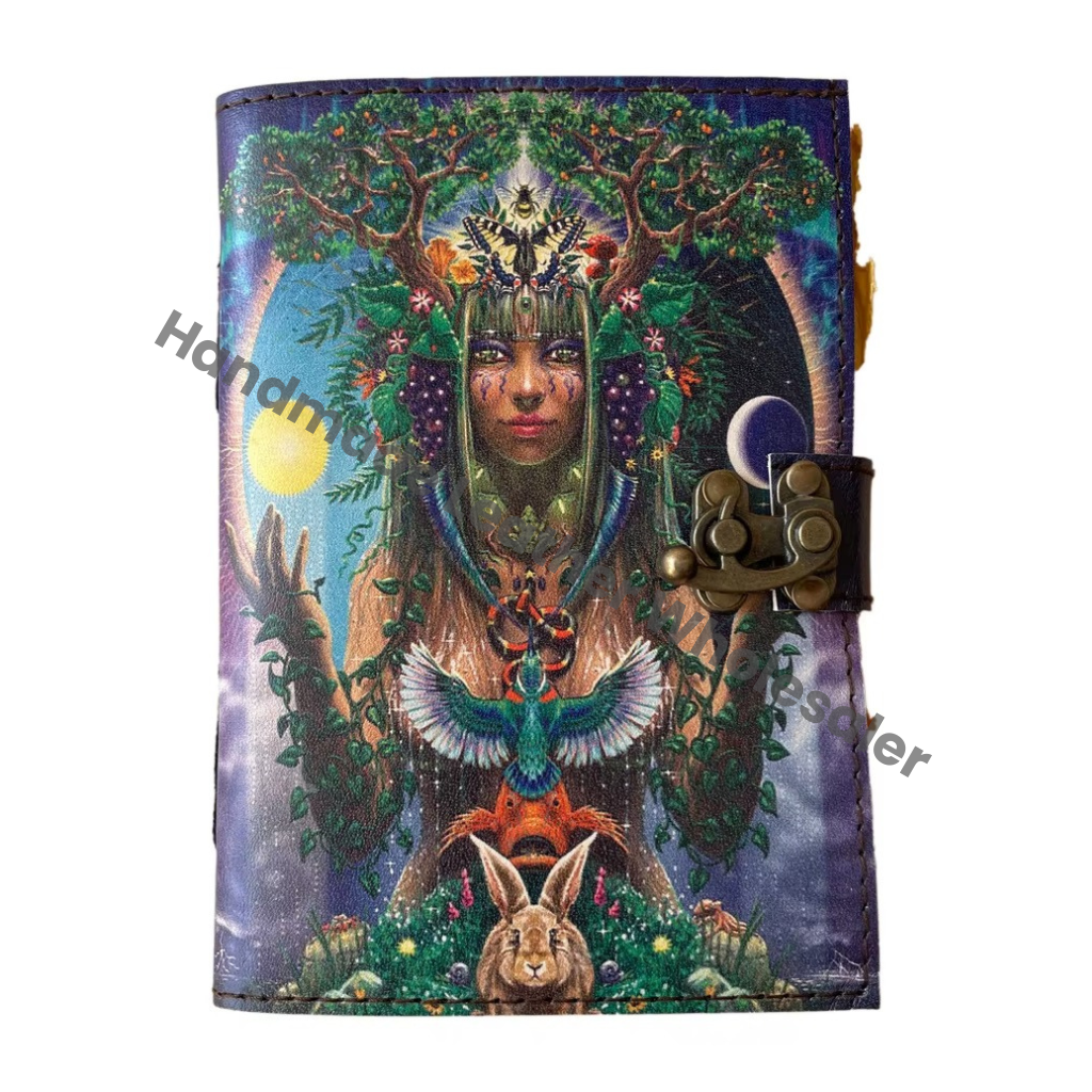 Goddess Forest Women Handmade Hard Leather Cover Eco-friendly Paper Retro Collage Poster Design Vintage Journal Gift