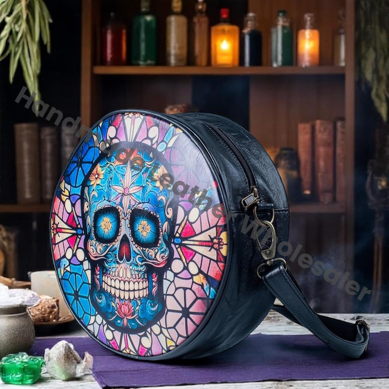 Goth Witchy Stylish Skull Satchel,crossbody purse Round Messenger Bag Cottagecore Gothic Bag, Leather Wiccan Gothic bag hippies boho gift