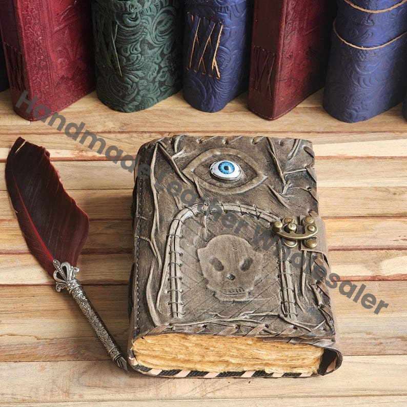 Gothic Faux Leather Spell book Journal | Skull & Eye Grimoire with Lock