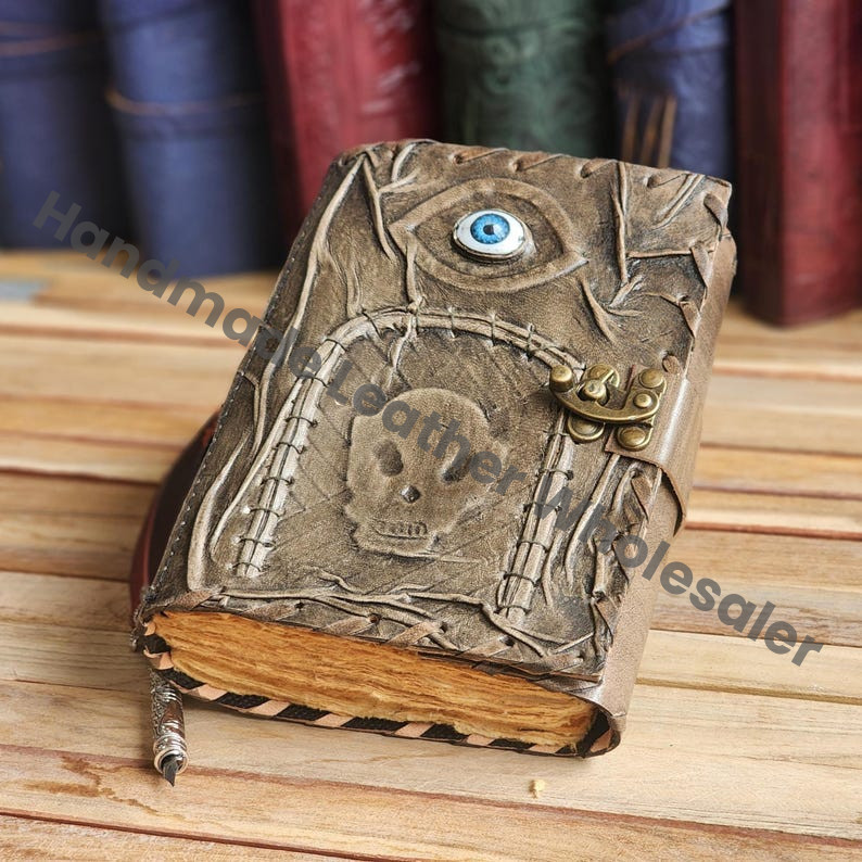 Gothic Faux Leather Spell book Journal | Skull & Eye Grimoire with Lock