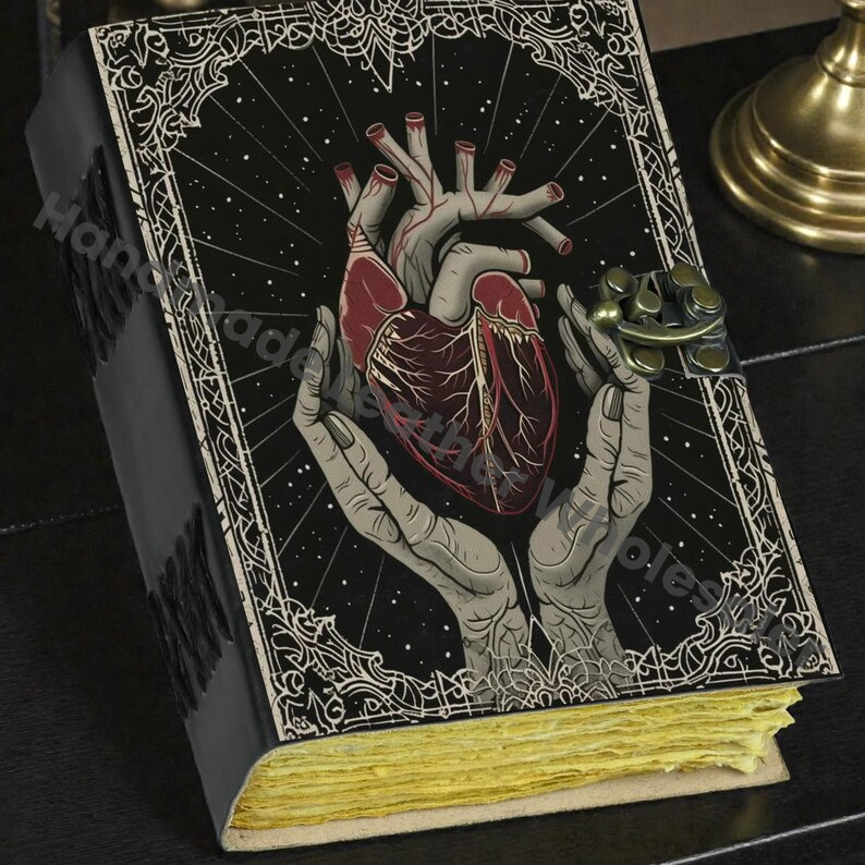 Gothic Leather Journal Anatomical Heart with Lock: Witchy Floral Notebook