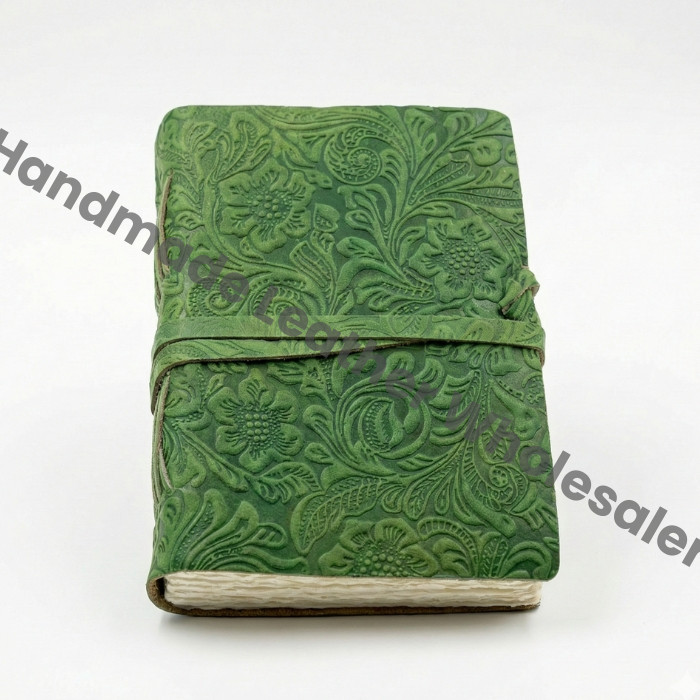 Green Floral Embossed Leather Journal: Handmade Deckle Edge Paper