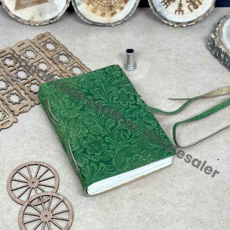 Green Floral Embossed Leather Journal: Handmade Deckle Edge Paper