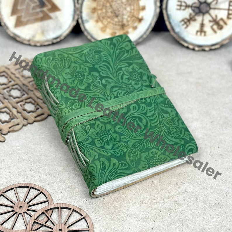 Green Floral Embossed Leather Journal: Handmade Deckle Edge Paper