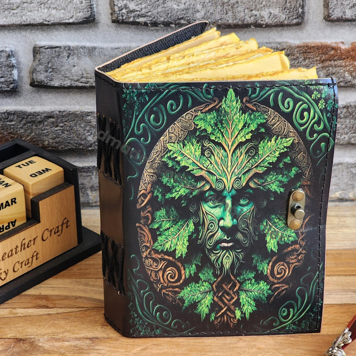 Green Man Leather Journal, Embossed Grimoire Notebook, Book of Shadows