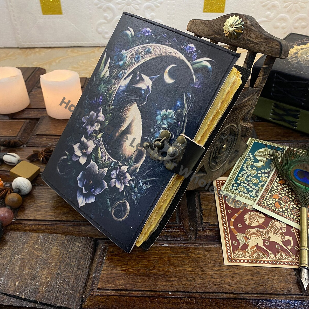 Grimoire Cat Leather Journal -Notebook Sketchbook - Book of shadow - Witch Wiccan Journal -Handmade Deckle Edge Paper