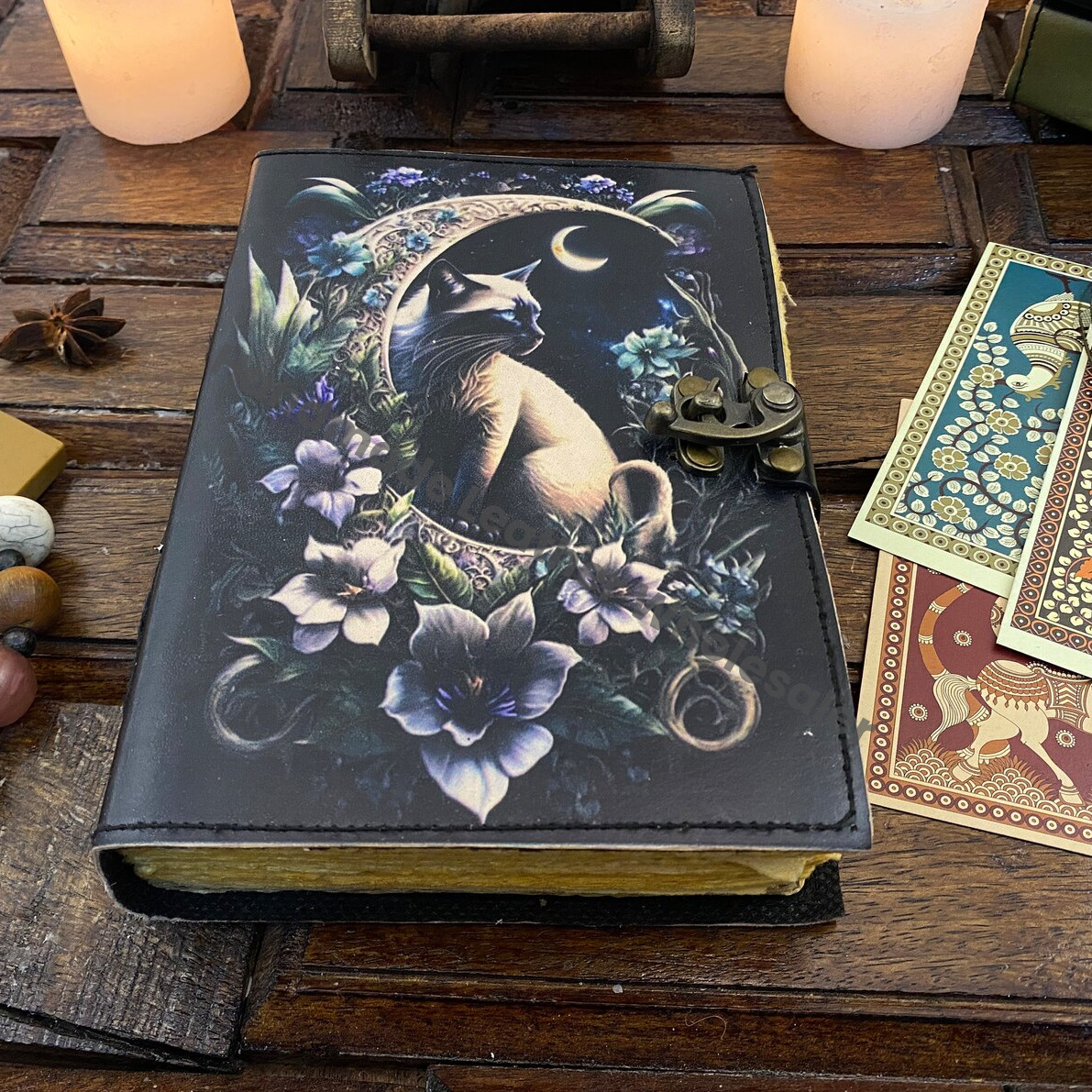 Grimoire Cat Leather Journal -Notebook Sketchbook - Book of shadow - Witch Wiccan Journal -Handmade Deckle Edge Paper