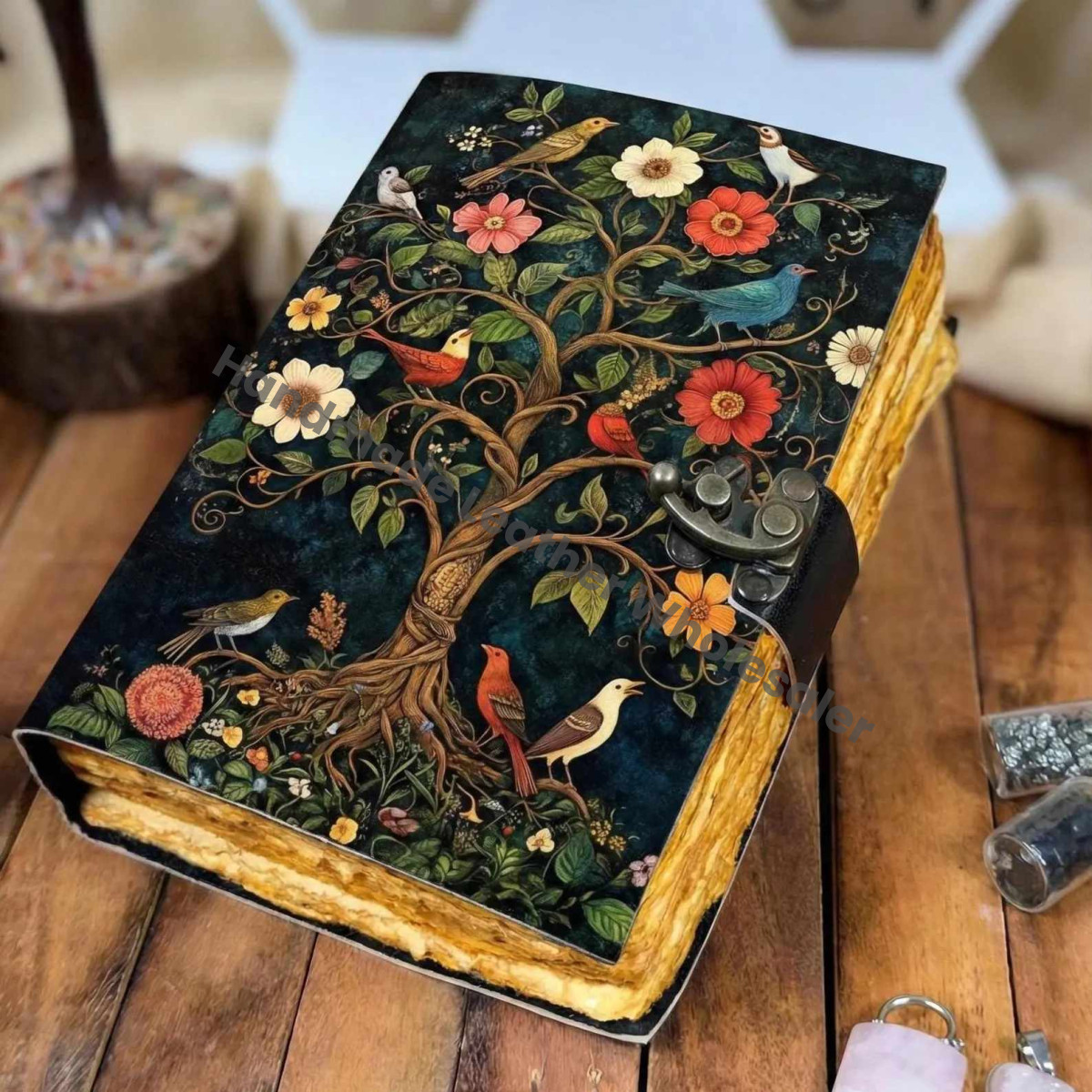 Grimoire leather journal - Bird And Tree Printed Blank spell book of shadows