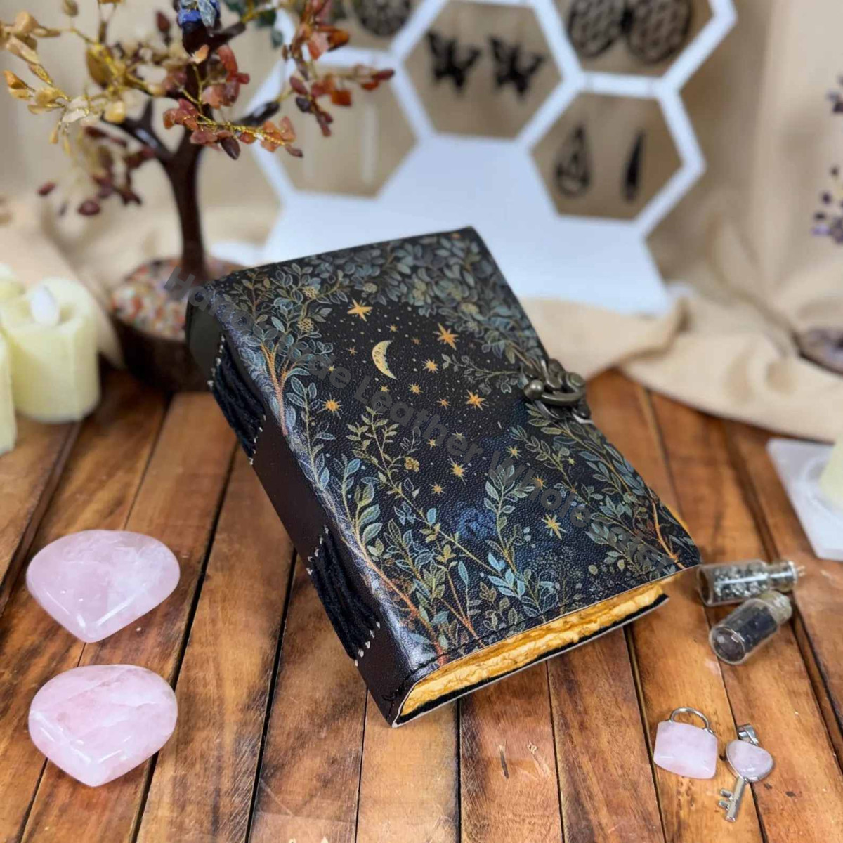 Grimoire leather journal - Moon And Tree Printed Blank spell book of shadows