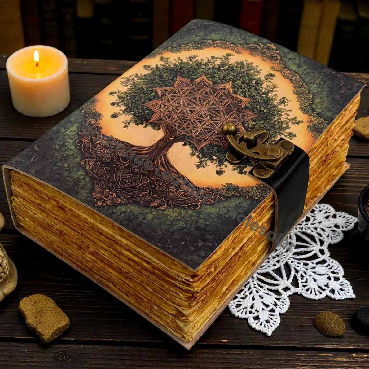 Grimoire Tree of Life Leather Journal - Handmade Blank Spell Book of Shadows - Antique Closure