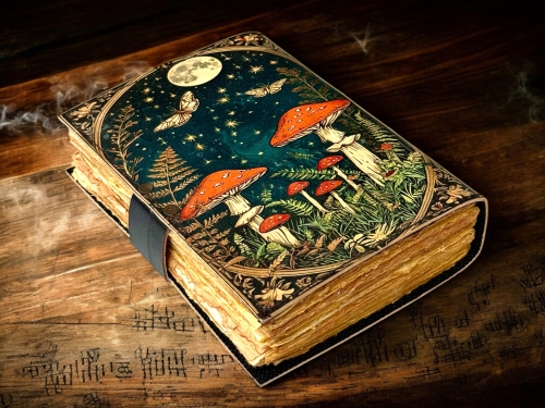 Grimoire Vintage Mushroom leather journal, Handmade Antique Deckle Edge Paper Spell Book of Shadows Celestial Witchcraft Supplies Diary, Gifts
