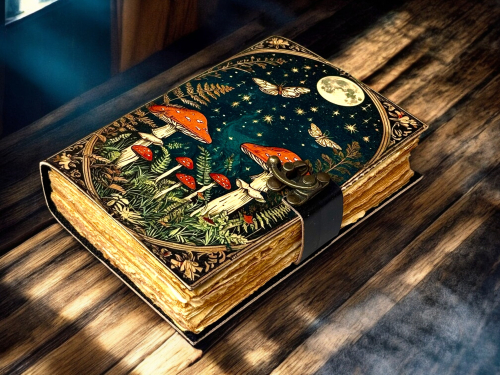 Grimoire Vintage Mushroom leather journal, Handmade Antique Deckle Edge Paper Spell Book of Shadows Celestial Witchcraft Supplies Diary, Gifts