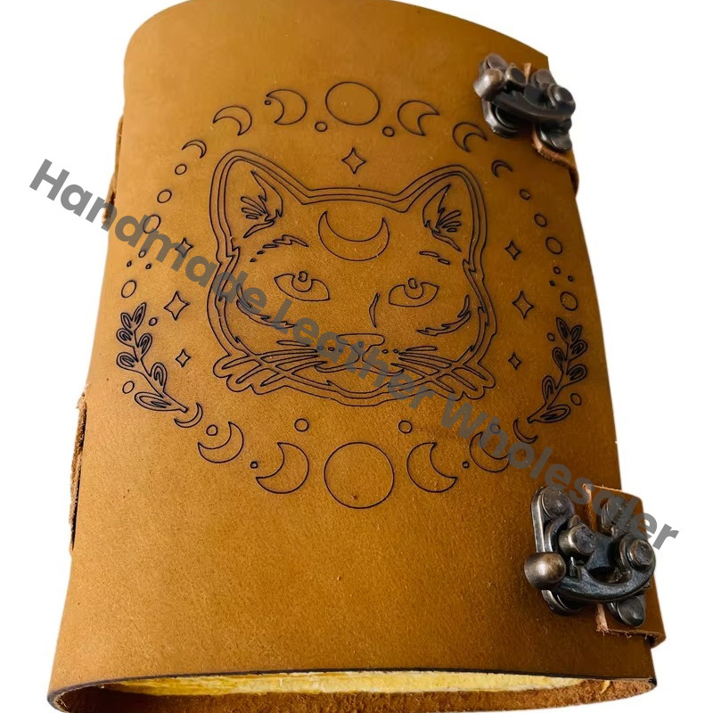 Halloween Cat Face High Quality Leather Spiral Bound Deckle Paper Notebook with Custom Logo Gift Box Packaging