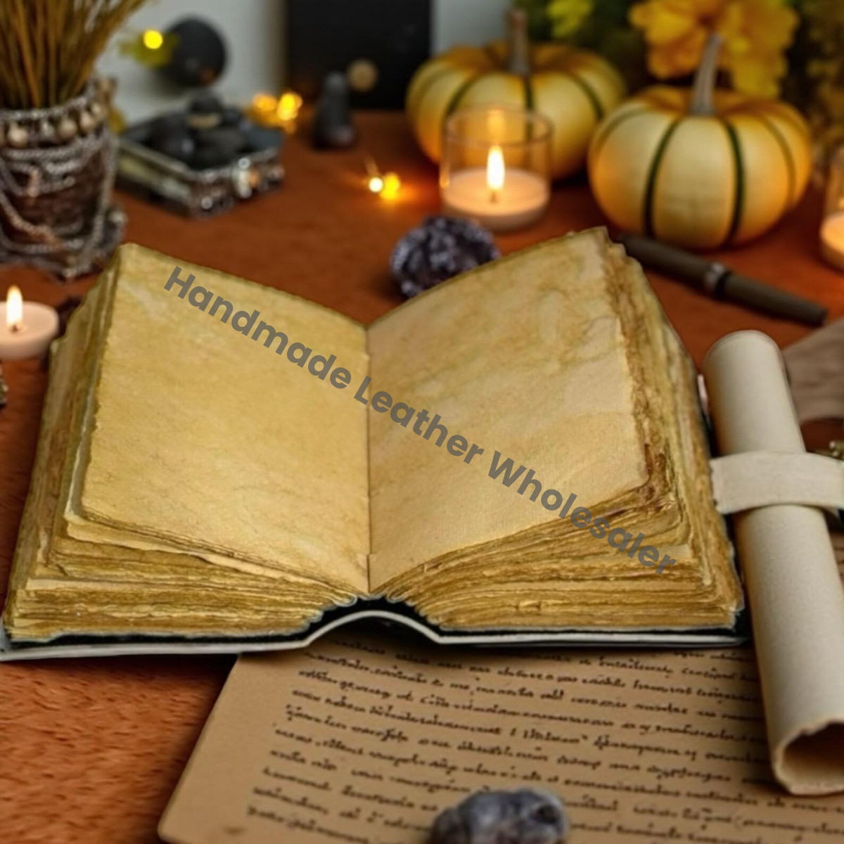 Halloween Pumpkin Leather Grimoire, Gothic Witchy Spell Book of Shadows, Refillable Magic Journal for Witches, Tarot, Spells