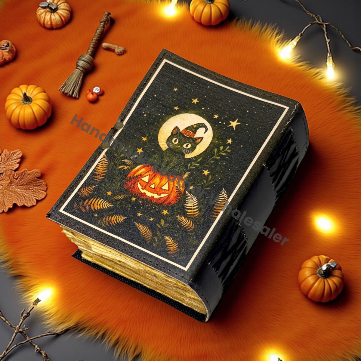 Halloween Pumpkin Leather Grimoire, Gothic Witchy Spell Book of Shadows, Refillable Magic Journal for Witches, Tarot, Spells