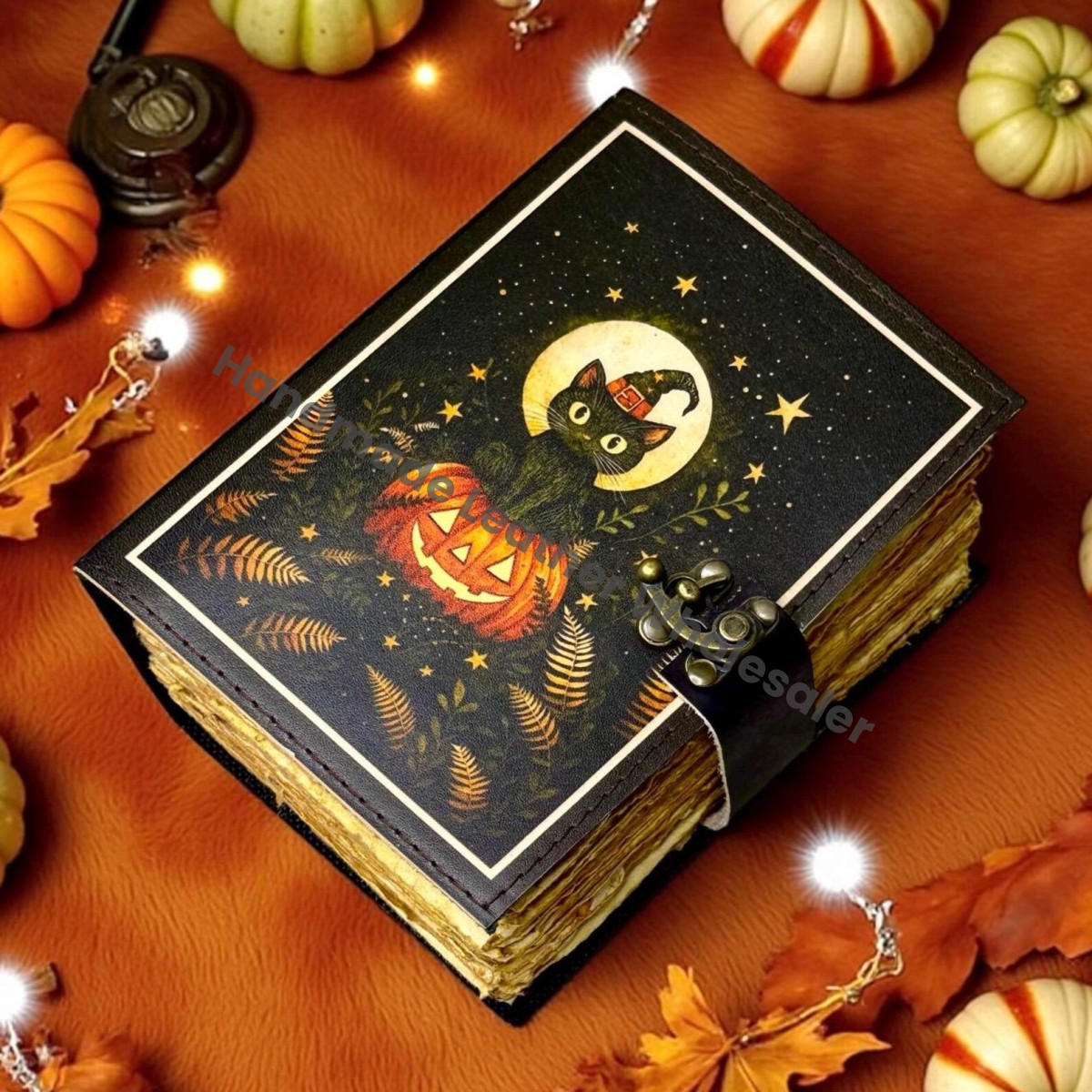 Halloween Pumpkin Leather Grimoire, Gothic Witchy Spell Book of Shadows, Refillable Magic Journal for Witches, Tarot, Spells