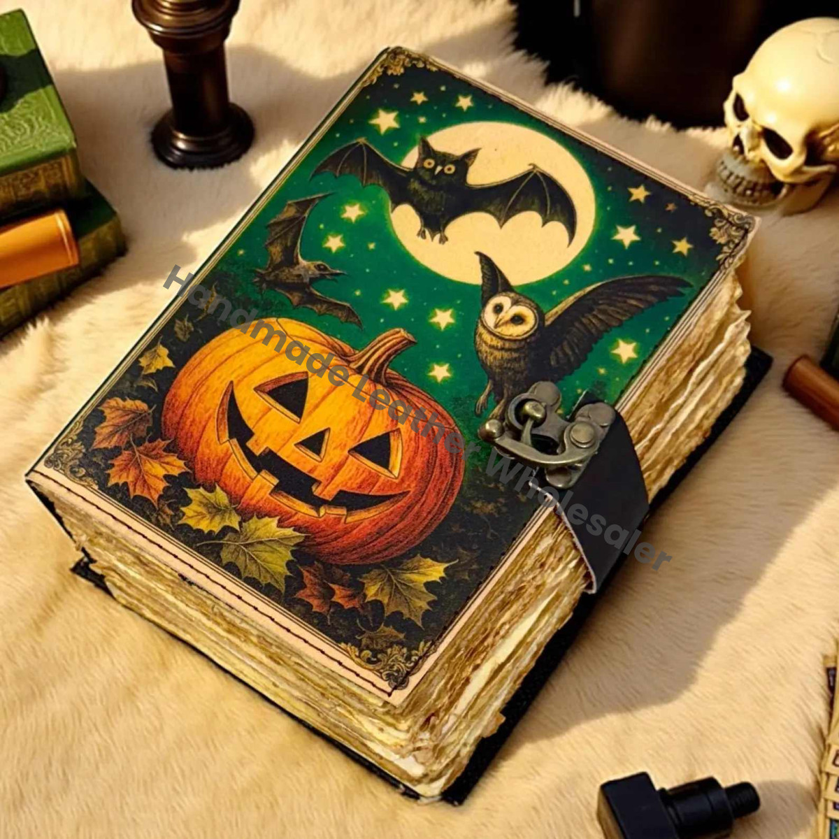 Halloween Pumpkin Leather Grimoire Witchy Spell Book of Shadows | Gothic Refillable Journal for Witches, Tarot, Magic & DnD