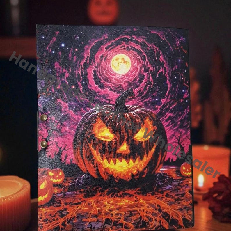 Halloween Pumpkin Leather Journal – Gothic Handmade Grimoire, Jack-O-Lantern Spell Book, Vintage Deckle Edge Paper Diary.