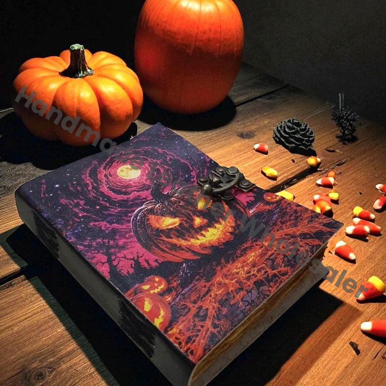 Halloween Pumpkin Leather Journal – Gothic Handmade Grimoire, Jack-O-Lantern Spell Book, Vintage Deckle Edge Paper Diary.