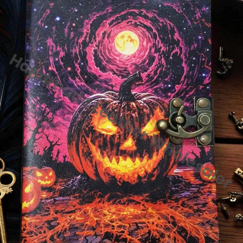 Halloween Pumpkin Leather Journal – Gothic Handmade Grimoire, Jack-O-Lantern Spell Book, Vintage Deckle Edge Paper Diary.