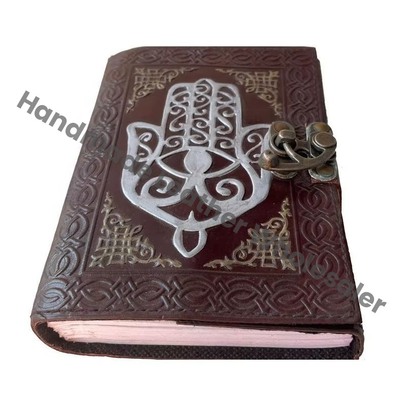 Hamsa Embossed Leather Notebook Brown Antique Color Handmade Unlined Eco-friendly Paper Best Gift Unisex Book Shadows Planner