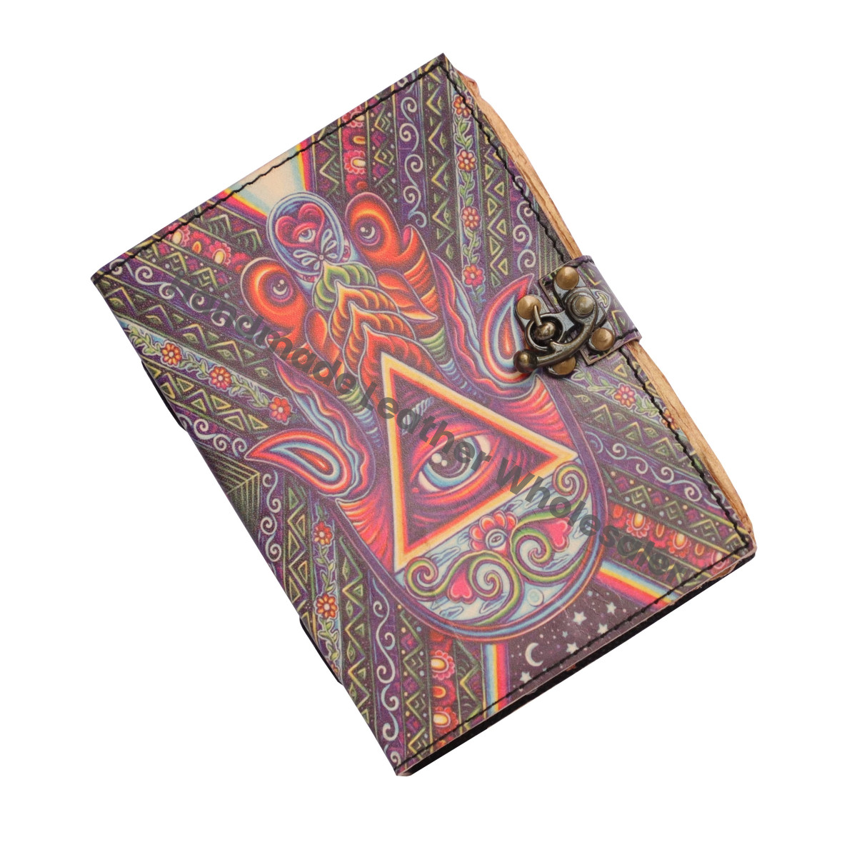 Hamsa Hand Eye Design Handmade Leather Printed Loose-Leaf Eco-friendly Paper Journal Deckle Edge Pages Brass C-Lock Writing