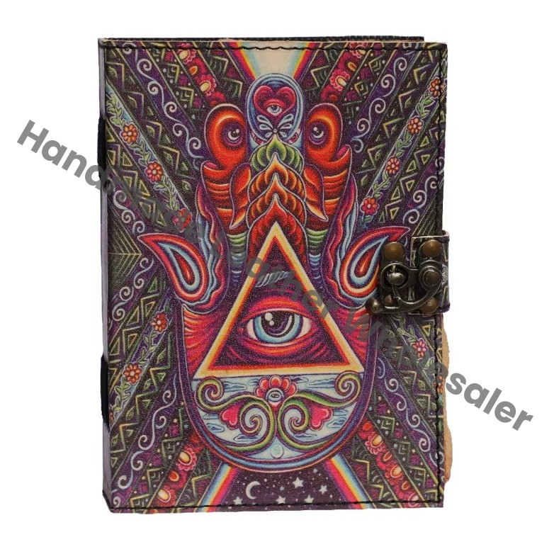 Hamsa Hand Eye Design Handmade Leather Printed Loose-Leaf Eco-friendly Paper Journal Deckle Edge Pages Brass C-Lock Writing