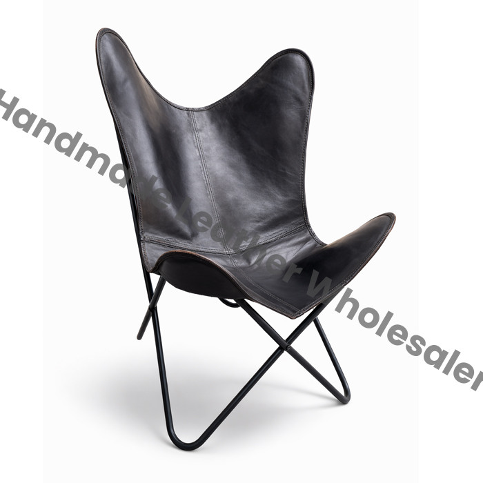 Handcrafted Brown Leather Butterfly Chair, Folding Accent Chair