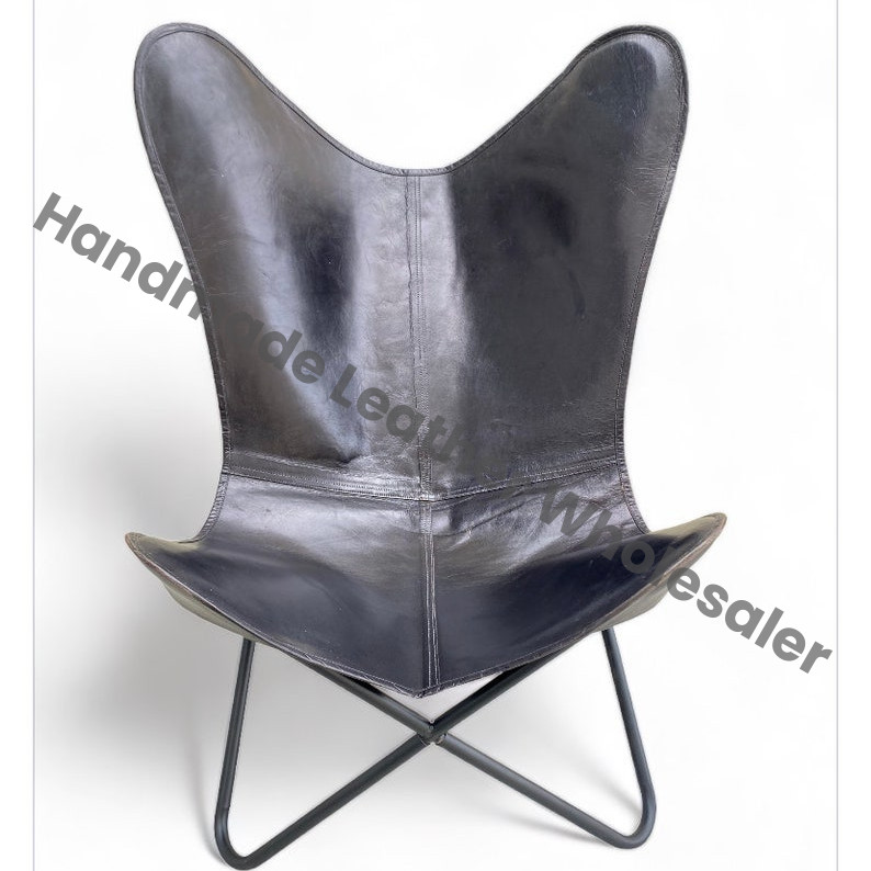 Handcrafted Brown Leather Butterfly Chair, Folding Accent Chair