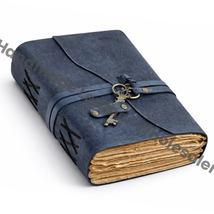 Handicraft Leather Journal - Antique Handmade Deckle Edge Vintage Paper Leather Bound Journal - Book of Shadows Journal - Leather Sketchbook - Drawing Journal - Great Gift (Blue)