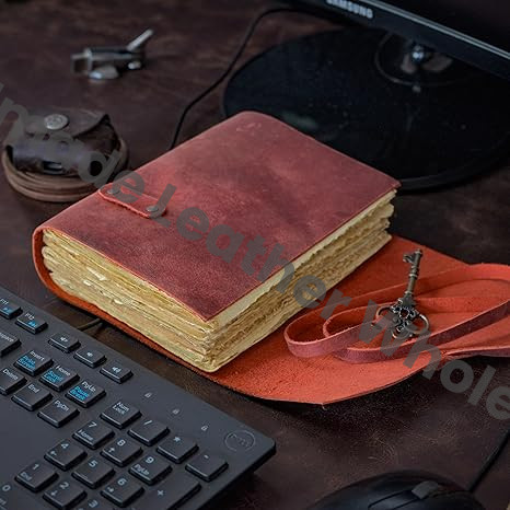 Handicraft Leather Journal - Antique Handmade Deckle Edge Vintage Paper Leather Bound Journal - Book of Shadows Journal - Leather Sketchbook - Drawing Journal - Great Gift (Red)