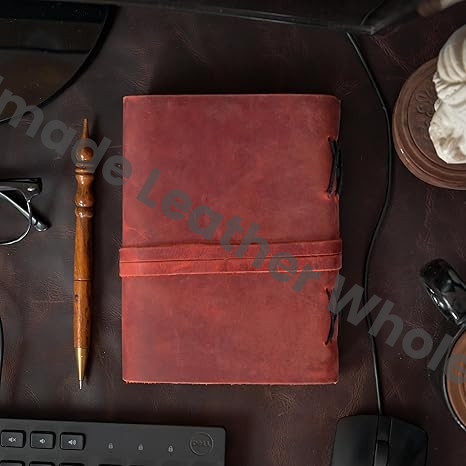 Handicraft Leather Journal - Antique Handmade Deckle Edge Vintage Paper Leather Bound Journal - Book of Shadows Journal - Leather Sketchbook - Drawing Journal - Great Gift (Red)
