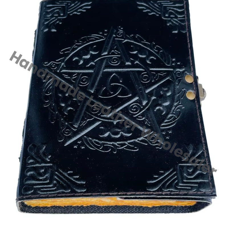 Handmade Black Leather Hardcover Journal Pentagram Embossed Metal Closure Custom Logo Option Antique Design-Him Notebooks