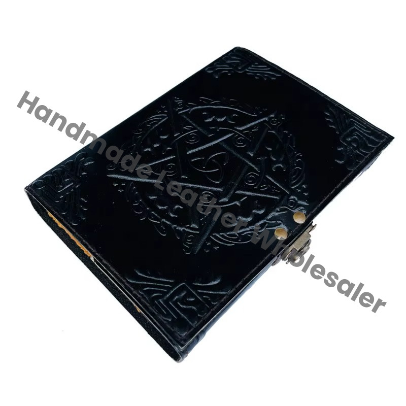 Handmade Black Leather Hardcover Journal Pentagram Embossed Metal Closure Custom Logo Option Antique Design-Him Notebooks