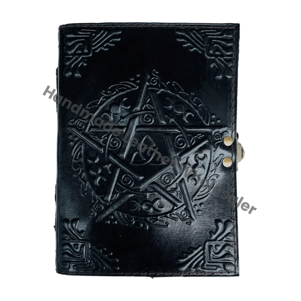 Handmade Black Leather Hardcover Journal Pentagram Embossed Metal Closure Custom Logo Option Antique Design-Him Notebooks
