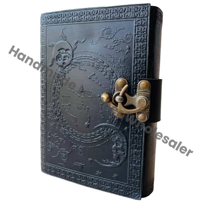 Handmade Black Leather Journal Embossed Dragon Design Vintage Writing Notebook Blank Sketchbook Gift for Men Women with Lock