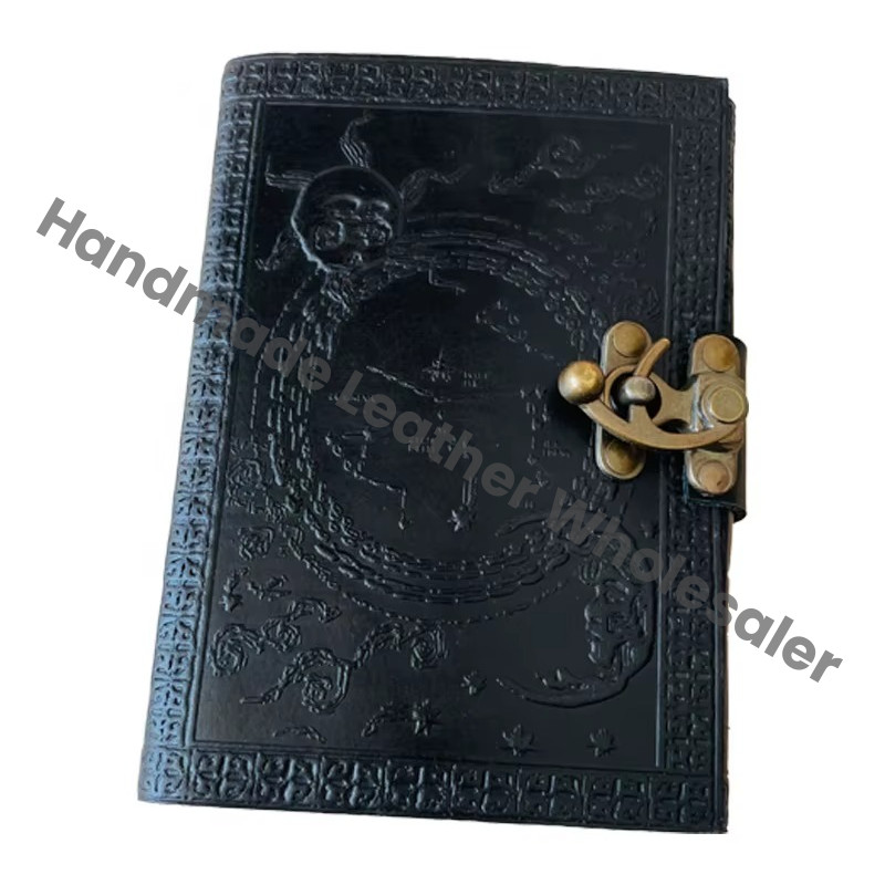 Handmade Black Leather Journal Embossed Dragon Design Vintage Writing Notebook Blank Sketchbook Gift for Men Women with Lock